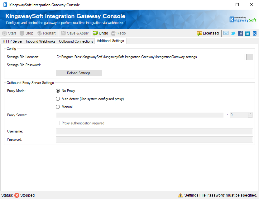 KingswaySoft Integration Gateway Console - Additional Settings